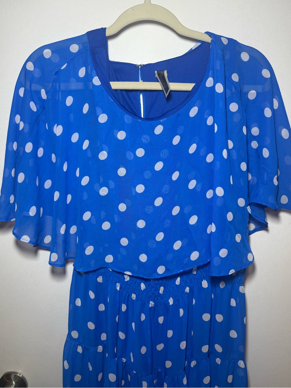 Julian Taylor Blue White Polka Dot Chiffon Layered A-Line Midi Dress Size 14 - Picture 2 of 8